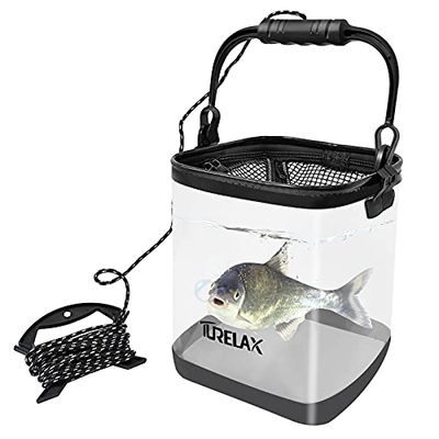 TURELAX 釣り バケツ 活かし 透明な折りたたみ バケツ 水汲みバッカンコンパクト 16L 25cm 中身が見える メッシュカバー ホルダー付き 滑り止め底 軽量 EVA素材