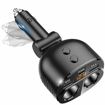 【PD30W QC3.0】Uandear シガーソケット 2連 コンセント 車載充電器 シガーソケット 増設 2usb 1Type-c3ポート 急速充電 カーチャージャー 独立スイッチ シガーライター 分配器 シガーソケット usb-c 2口 シガレットライターソケット12V/24V車兼用 電圧測定 スマート識別