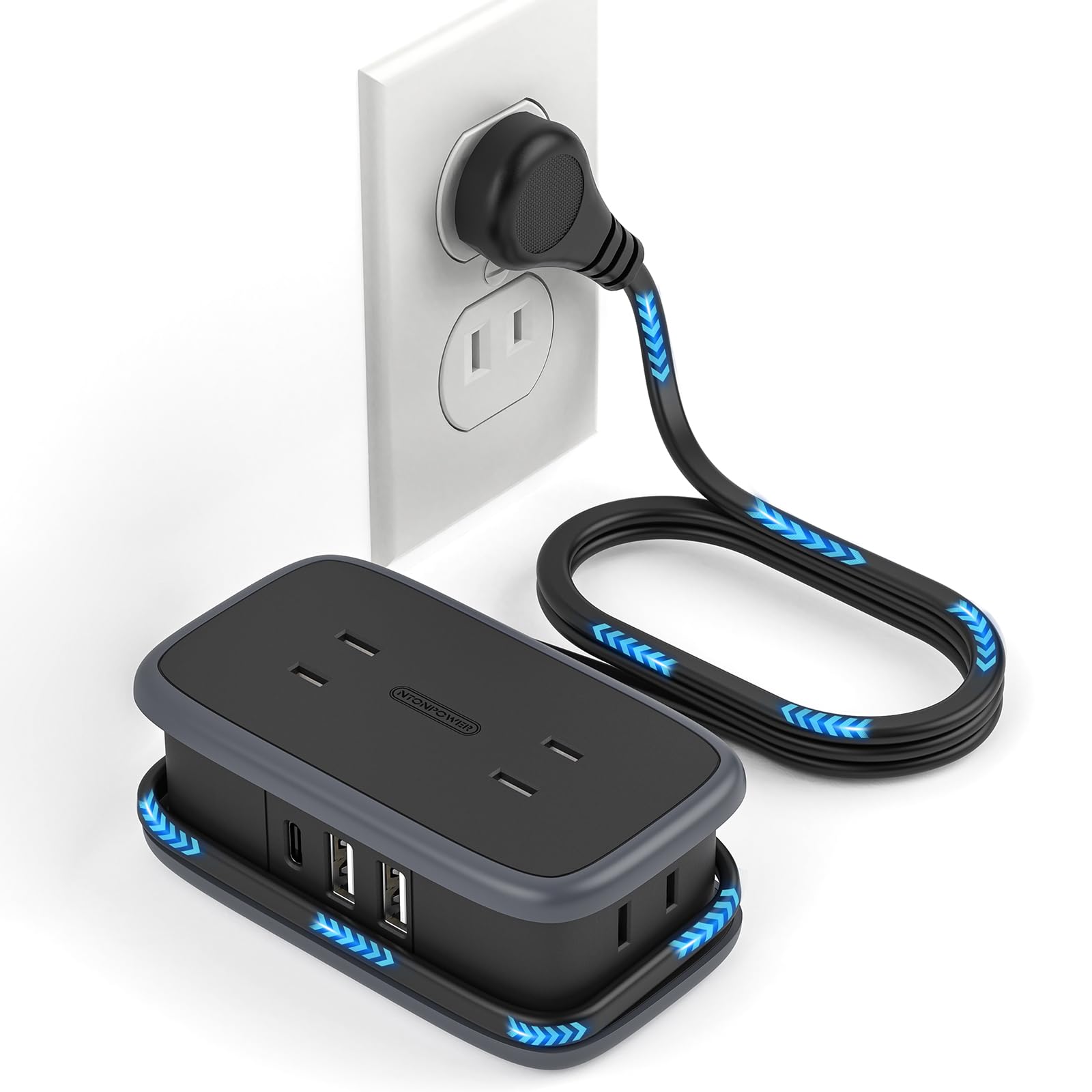 楽天You and Me 楽天市場店NTONPOWER 電源タップ 1m 4AC口+2USB-a+1USB-c 旅行 延長コード type-c 旅行用 コンパクト テーブルタップ ケーブル収納 コード 巻き usb コンセント 小型 軽量 旅行や出張 自宅 海外旅行 ブラック