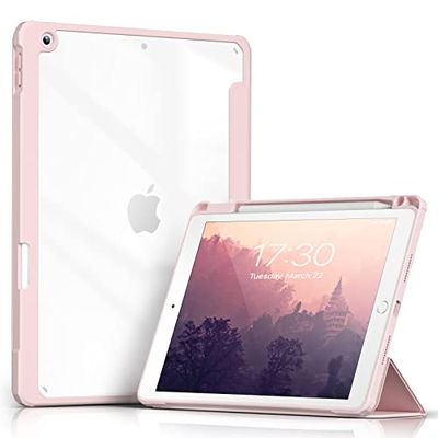 Aoub iPad 9世代 ケース 10.2 インチ iPad ケース 第9/8 /7世代 2021 2020 2019 透明バックカバー ペン収納 三つ折スタンド オートスリープ機能 軽量 薄型 傷つけ防止 PU合成レザー TPU (モデル番号A2602、A2603、A2604、A2605) ピンク