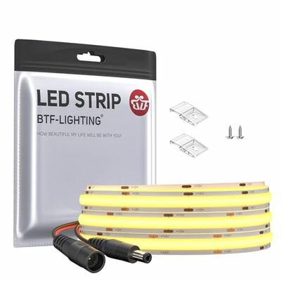 商品情報商品の説明主な仕様 「超明るい」 DC12V 528LEDs/m 1M 10mm 昼光色 6000K。フレキシブルチップを搭載したボードのFCOB LEDテープライト。従来の5050 SMD 3528 SMDに比べ、FCOBテープライトの緻密な発光ユニットは、中間部の黒つぶれを防ぎ、明るく、柔らかく、均一な光を作り出します。br「省エネ」 FCOB単色シリーズのLEDテープライトはより省エネです。 調光可能で、寿命は50000時間以上と耐久性に優れています。 また、2年間の安心保証と24時間のカスタマーサービスを提供します。調光器は含まれていませんのでご注意ください。また、光の減衰率は1000時間後に3％未満になり、光の減衰率は3500時間後に30％未満になります。ご注意してください。br「切断可能、直列接続可能」 FCOBはフレキシブルなLEDテープライトです。はんだ付け可能な接合部は切断可能です。1Mサイズには、2.1mmオスコネクターが1個だけ付いています。延長を希望される場合は、接続用のコネクター（8mm：B08SLQYM8T、10mm：B08SLNDR8Q）を購入することができます。直列に接続する場合は、電力レベルに注意し、適切な電力の電源をご購入ください。br「安全に使用でき」 通常のLEDテープライトよりも柔らかく均一な光で、目にも安全です。 発色指数が高くて、照明効果がいいです。紫外線や赤外線、水銀、鉛などの重金属を含まず、環境にやさしいです。真の二層FPCB基板を採用したFCOB LEDテープライトは、他のテープライトよりも放熱性に優れ、子供やペットにも安全です。br「広くアプリケーション」 室内装飾に適しています。キッチン、キャビネット、寝室、階段、鏡、廊下、DIYバックライト、テーブルランプ、おもちゃのライト、DIY照明、特殊用途、その他の照明など。両面テープ付き（IP30非防水屋内使用のみ）。 WiFi Alexa、Bluetooth APP、RFリモコンなどのコントローラーと接続でき、より多彩なコントロールが可能です。電源と調光器は含まれていませんのでご注意ください。