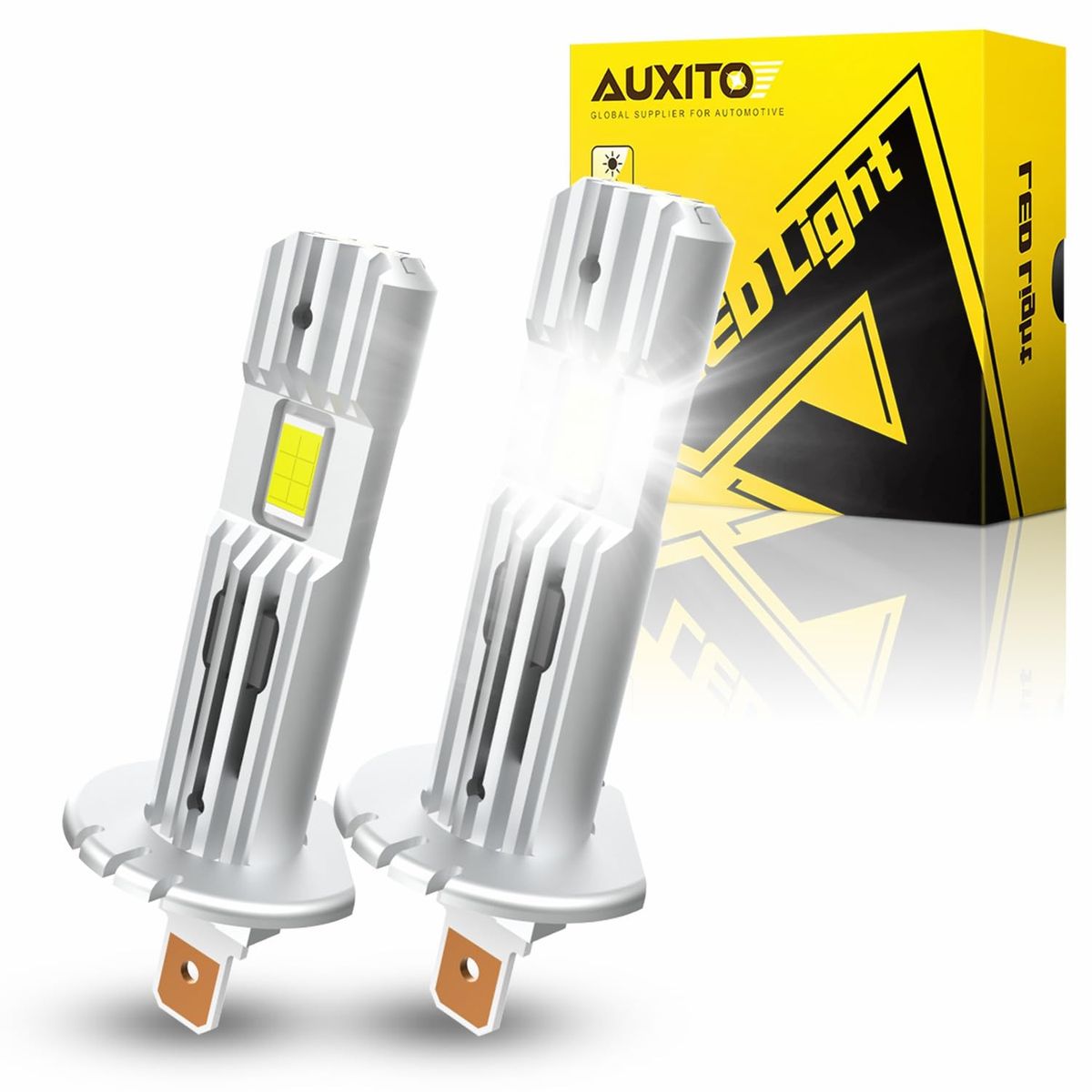 商品情報商品の説明説明 AUXITO h1 ledヘッドライト主な仕様 【1:1ミニサイズ＆取り付け簡単】AUXITO h1 ledヘッドライトはハロゲンと1：1サイズ。スペースが狭い車種でも問題なく取り付けることができ、ミニサイズで装着が簡単です。また、無極性設計により、正極と負極の区別なく接続できるし、 一体型の設計で複雑な配線やコントローラー一切なし、別途のアダプターでも不要、コネクタを差し込むだけ、初心者でも取り付けに戸惑うことはない。br【高輝度&優れた配光性能】h1 led バルブは両面高輝度LEDチップを搭載し、ハロゲンより2倍の明るさが実現します。純正ハロゲンと同位置での発光を実現していますので、h1はバルブでの光軸調整は不要です。6500K のホワイトは路面や側道の障害物を見やすくし、広く明るい視野で夜間運転の安全をサポート。h1バルブはハロゲンの照射原理を全く参考して、配光自体は非常にクッキリとした綺麗なカットラインが出ており対向車等周りにも迷惑な眩しさが無くて、完全に純正ハロゲンを再現することに成功しました。夜間の走行が非常に楽になり、安全な運転の視界をお届けします。br【優れた放熱設計&長寿命】h1 ledライトの本体は高熱伝導性6063航空アルミニウム合金素材の採用します。多重放熱構造のため、最大限度放熱面積を増やして、密閉空間の急速冷却が可能です。同時に、バルブ本体に定電流保護回路を内蔵し、電球の寿命を延ばすことができます。50000時間以上の長寿命実現します！独特のファンレス設計、騒音などは一切ありません。ファンの回転による騒音の悩みから完全に抜け出します。br【キャンセラー内蔵】 H1 LED ヘッドライトはキャンセラーが内蔵されているため、ラジオへの影響を防ぐことができ、球切れ警告も解消できます。車用H1 LEDは98%の車種対応できます。別途ワーニングキャンセラーを購入する必要はありません。※ご注意：キャンセラー内蔵ですが車種によって抵抗値が異なるため警告灯キャンセルをお約束するものではありません。外来車または一部の国産車でご使用する場合、インジケーターの不点灯や警告灯など誤作動を起こす場合がございます。br【商品スペック＆2年保証】車用H1 LED ヘッドライト / 型番：H1 / 色温度：6500Kホワイト / 極性 : 無極性 / ワット数（片方）：約15W / 電圧：DC9V-18V／ 使用寿命：50000時間以上 ／ 防水等級：IP67 / 保証時間：2年 お買い上げ日より2年間の保証サービスを提供いたします。2年間の使用期間中にH1ヘッドライトが不良になる場合、またはご利用の際何かご不明な点がございましたら、ご遠慮なく「店名」-「質問する」の手順でクリックしてお問い合わせください。24時間以内返答で、新品交換や返金などの解決策がご提供いただきます。