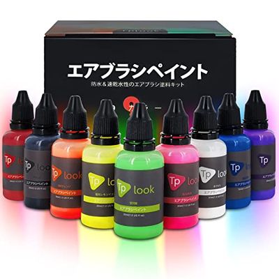 Tplookエアブラシ塗料9色アクリルエアブラシ塗料セット（30 ml / 1オンス）不透明＆ネオンカラーの希釈は、プラスチックモデルセラミックキャンバス紙のための水ベースの防水クイック乾燥を必要としない希釈 (9色)