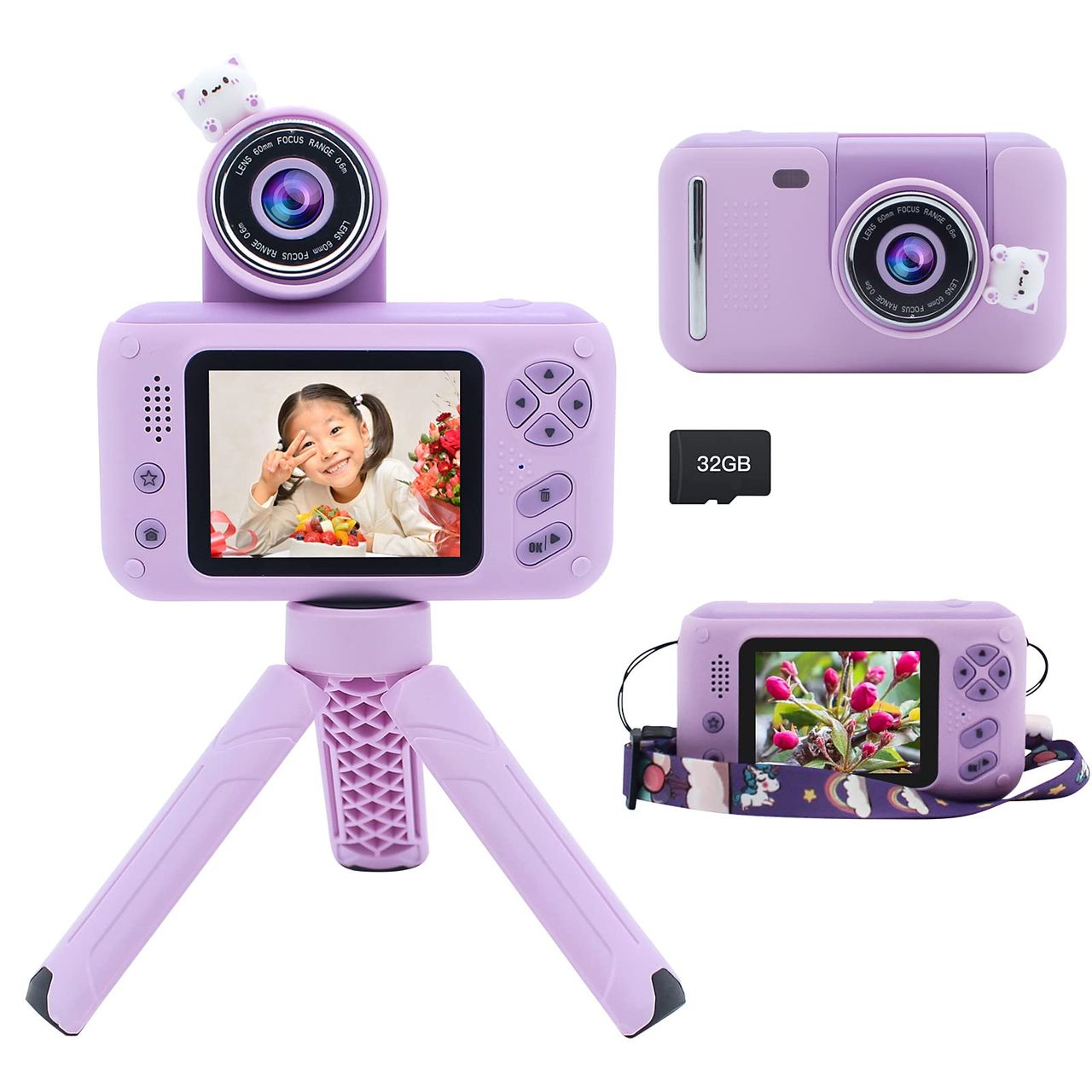 Yukicam キッズカメラ 三脚付き 子供 小学生用 2.4 インチ ディスプレイ デジタルカメラ 初心者 コンパクトカメラおもちゃ お子様へのプレゼント ビデオカメラおもちゃ 180° 回転レンズ付き 3-10歳 女の子 男の子 誕生日 クリスマス 32GB SDカード付き