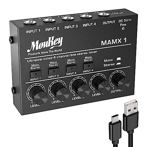 Moukey オーディオミキサー 4チャンネル usb DC 5V超低ノイズ サブミキシング用 ラインミキサー 小型ミニオーディオミキサー クラブ/バー/マイク/ギター/ベース/キーボード/ステージミキサーに適用 MAMX1