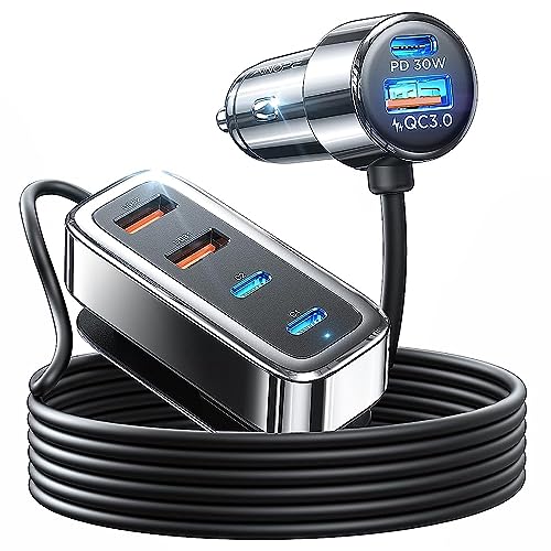 AINOPE 90W シガーソケット usb-c 急速充電 6ポート 車載充電器 PD 30W & QC3.0 後部座席/旅行/家族 シガーソケット コンセント アクセサリー 152cmケーブル付き 同時使用可能 シガレット usb iPhone/iPad/AirPods/Samsung/GooglePixe 4-15インチ多機種と99%車種が対応