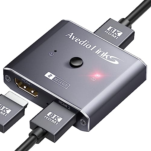 商品情報商品の説明主な仕様 【HDMI 切替器 2.1 双方向】avedio links 8K 60Hz HDMI セレクターは、様々なニーズに応じて二つのモードがあります。スプリッターモード：1つのHDMI機器を接続して2つのHDMIディスプレイを切り替えることができます（2つのディスプレイを同時に動作させることはできません）スイッチャーモード：2つのHDMI機器を1つのHDMIディスプレイに接続しお気に入りのデバイスを切り替えことが出来ます。このHDMI 切替器 8Kのボタンを押すだけで切り替え可能です。br【高精細な8K対応】驚愕の高解像度を実現する8K対応のHDMI2.1分配器は、8K@60Hz、4K@120Hz、1080P@240Hzの解像度をサポートしますので、超臨場感あふれる映像体験を提供します。最新のHDCP2.3チップを内蔵し最大48Gbpsの転送レートおよびすべてのHDMI標準との下位互換性を提供しますので、美しい映像をそのまま出力できます。br【4K@120Hz超高フレームレート】映画ファンとゲームファンにとって、高いリフレッシュレートこそスムーズな体験の基本です。消費者が望む4k@120Hz 1080P@240Hzを提供し最も楽な体験をすることがでます。120Hzのリフレッシュレートは、スムーズで鮮明な画面を提供しゲーム中に画面を素早く回すときに現れる吐き気のする動作ボケが発生することがありません。Xbox One X、PS5、PS4Pro、ゲーマーと映画愛好家の両方に、理想的な相棒です。br【アルミ合金構造】他社のプラスチック製と比べて、アルミ合金の材質が採用され防錆構造も過熱や破損に強く、耐久性と利便性を高めています。表面は安くなくランプが正面から見えるように配置します。このHDMI 2.1切替器は、品質と性能を兼ね備えています。動画再生の遅延はなくフラッシュや解像度の低下もありません。br【プラグアンドプレイ】外部電源供給なし！このavedio links HDMI切替器4K 120Hzは、セットアップと操作が非常に簡単です。自分の好きなHDMI機器を接続して正面のボタンを押すだけでHDMI機器を切り替え可能。どのポートが動作するかをLEDライトで示します。そして、HDMI セレクター 2入力1出力 8kをどんな場所にを置いても邪魔になりません。