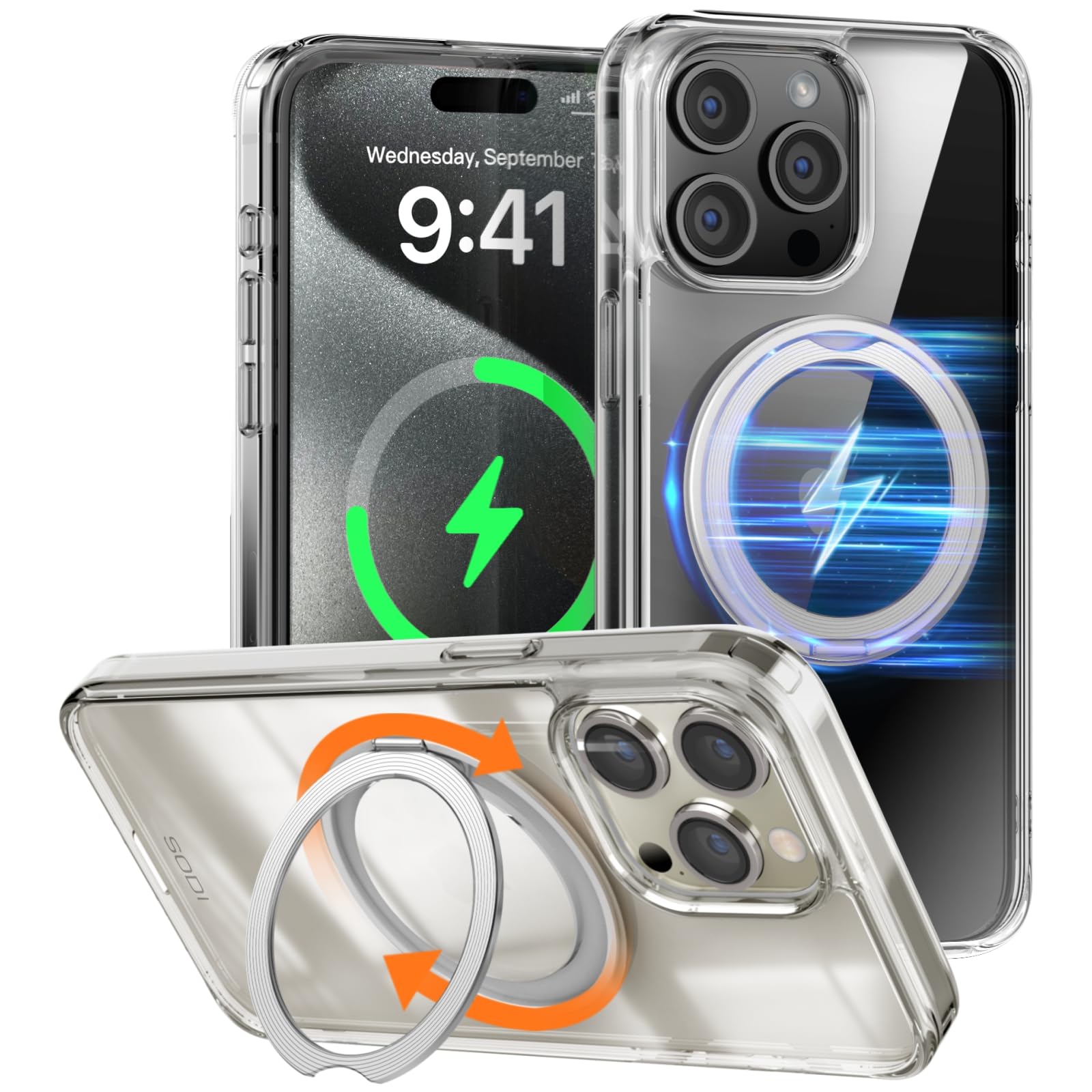SODI iPhone 15 Pro 用 ケース 「360°回転スタンド」 MagSafe対応 マグネット式 SGS認証 耐衝撃 隠しスタンド 指紋防止 黄変防止 マット感 スマホケース ワイアレス充電対応 YouTube視聴 FaceTime アイフォン15 Pro 用 クリア
