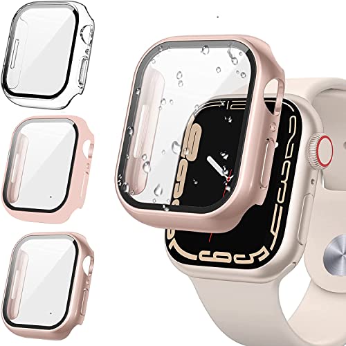 【3個入り】FALSAD Apple Watch Series9/Series8/Series7 カバー 対応 アップルウォッチ41mm/45mm、PC素材バンパーと強化ガラスフィルム一体型 Apple Watch 保護ケース 防水 全面保護 超薄型 軽量 耐衝撃 高透過率 指紋防止 装着簡単 (41mm クリア/ピンク/ローズ)