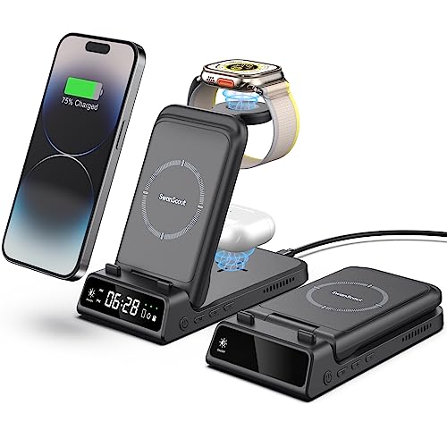 SwanScout Apple Watch対応 ワイヤレス充電器 3in1 iPhone/Apple Watch/Airpods同時充電 折り畳み式 急速充電スタンド iPhone 15/14/13/12/11/Xシリーズ＆Apple Watch Ultra 2/Watch 9＆Airpods Pro適用 デジタル時計搭載（アダプター別売り)