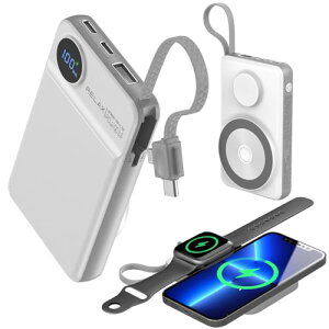 RELAX 3in1 MagSafe対応 モバイルバッテリー 10000mAh iPhone Apple Watch 同時充電 充電器 PD20W ケーブル一体型 急速充電 大容量 (10000mAh, ホワイト)