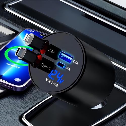 GLILAVOX シガーソケット USB-C 巻き取り 車 充電器 60W 急速充電 Type-C ケーブル/Lightning ケーブル USB ポート カーチャージャー 電圧測定 車載充電器 4in1 4台同時 Compatible with iPhone 15/14/13/12/Galaxy/その他Android各種対応（ブラック）