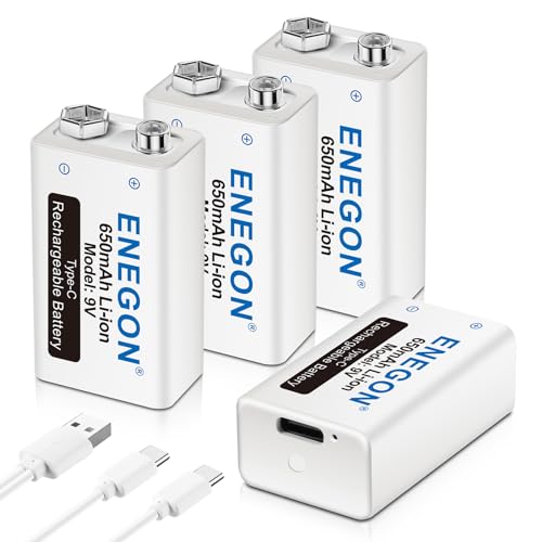 ENEGON 9V 充電式 電池（650mAh 4個）＋2in1 Type-C 充電ケーブル、006p 電池 Type-C入力、マイク、煙探知器、電子玩具、トランシーバーなどのデバイスに対応 充電器不要