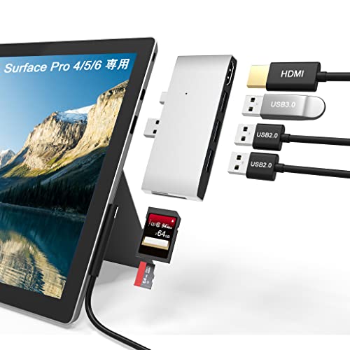 Surface Pro 6 / Pro 5 / Pro 4 USB ハブ 4K@30Hz HDMI + USB 3.0 + USB 2.0ポートx2 + TF/SDカードスロット マルチポートサーフェス Proハブ Surface Pro 6 / Pro 5 / Pro 4 変換ドッグ 高速データ転送