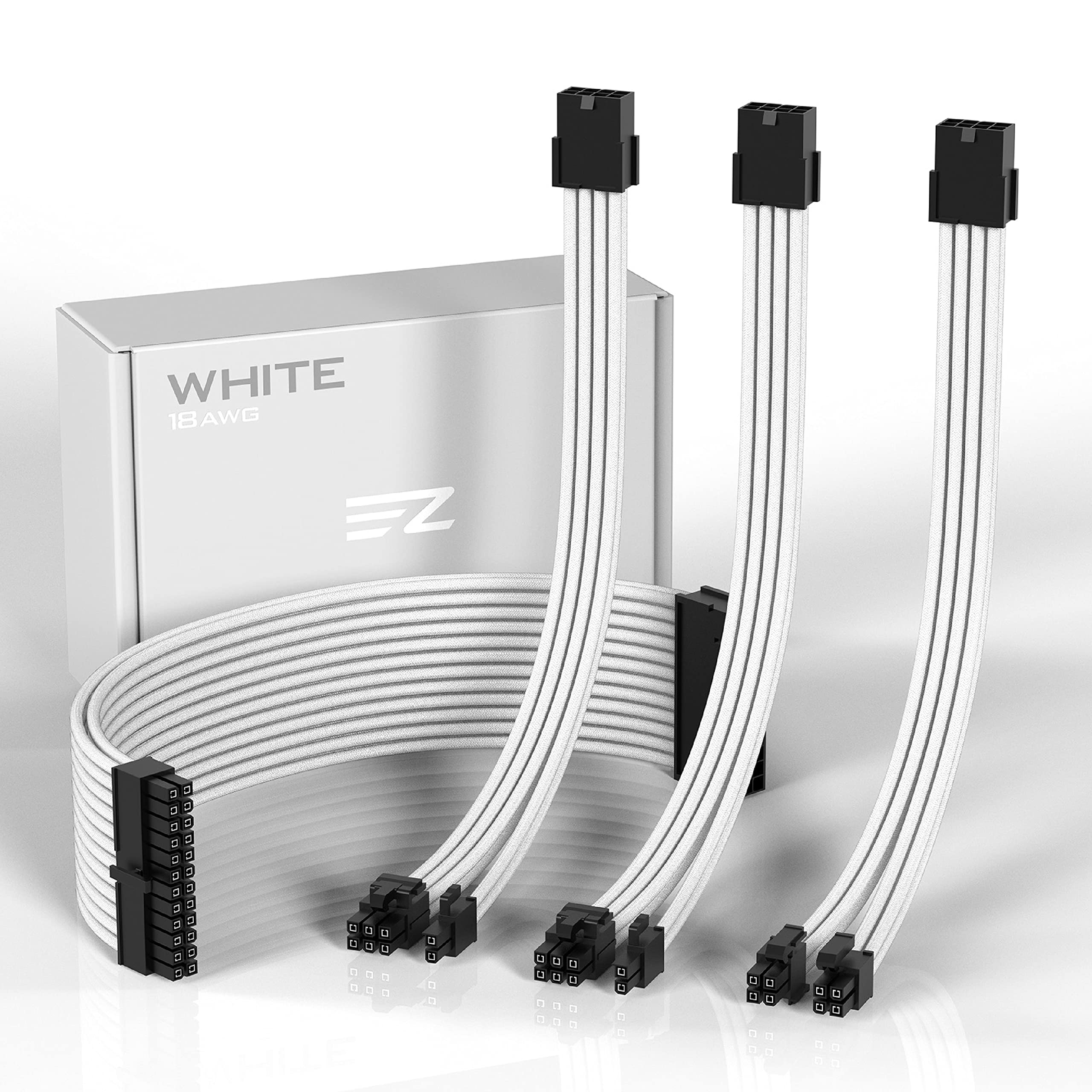 EZDIY-FAB 電源専用 PSUケーブル 延長スリーブモジュラーケーブル 、されたソフトケーブル24PIN / 8PINから6 + 2Pin / 8PINから4 + 4PIN-30CM 300MM+櫛 - 白