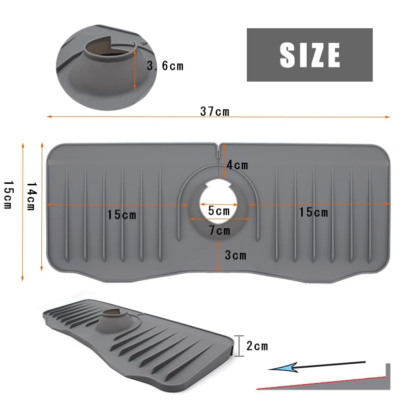 蛇口水切りマット シリコン 2023年新型 蛇口排水マット 蛇口カバー付き 水汚れ防止 速乾 抗菌 防カビ 乾燥用マット 滑り止め キッチン バスルーム 洗面台 トレイ用排水マット (グレー) 3