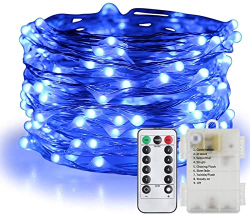 ANJEWLIN LED イルミネーションライトled ストリングスライト 8種光るパターン 電池式 防水 10メートル 電飾 100電球 リモコン付き (ブルー（1個）)