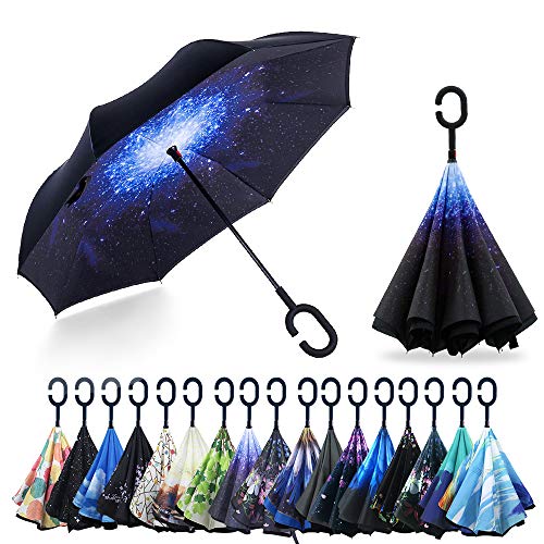 YOKITOMO 長傘 逆さ傘 丈夫 撥水 内外2枚の布の構成で耐風とUVカット効果更にアップ！閉じると自立可能 晴雨兼用 車用 (青の銀河)人気ギフト