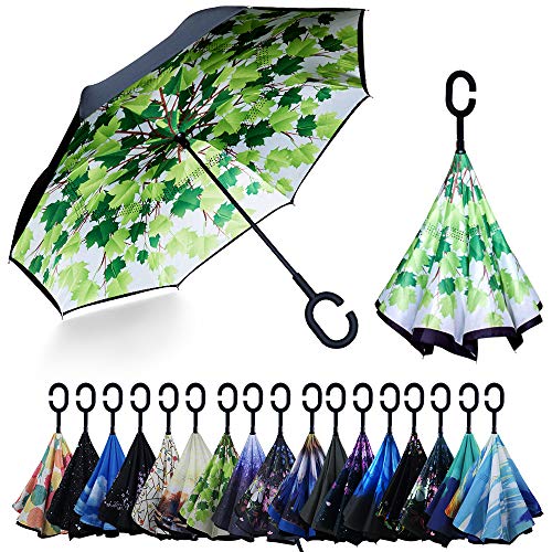 YOKITOMO 長傘 逆さ傘 丈夫 撥水 内外2枚の布の構成で耐風 熱中症対策 遮光 遮熱効果 閉じると自立可能 晴雨兼用 車用 (若葉)プレゼント ギフト