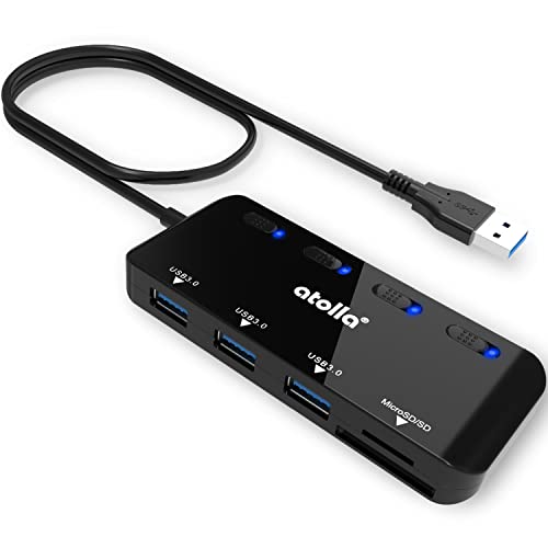 atolla SDカードリーダー USB3.0 カードリーダー USBハブ 5-in-1 USB3.0ポート+SD&TF/microSDカードリーダー 同時読み書き【microSDXC/microSDHC/microSD/SD/SDHC/SDXC/RS-MMC/MMC】UHS-Iカード用 電源スイッチ付き 60cmケーブル USB SD変換アダプタ Windows/Mac OS/Chro