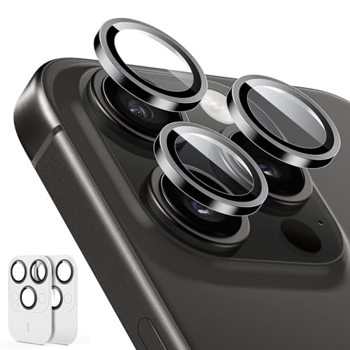 ESR iPhone 15 Pro Max /15 Pro/14 Pro Max /14 Pro カメラレンズフィルム 独立型レンズフィルム 耐傷性 極薄 アルミ製エッジ付き 強化ガラス 2枚入り ブラック Armorite