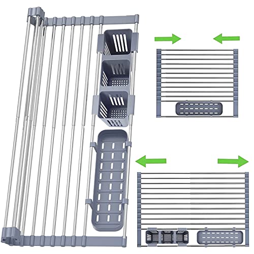 水切りラック 折りたたみ  シンク上水切りマット ステンレス製食器水切りラック 18本鋼棒 抗菌 錆びない 滑り止め 省スペース 食器置き場 巻き収納 食器乾燥かご キッチン用品 大きいサイズ （43 * 35cm）