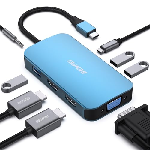 BENFEI USB C 8-in-1 ハブドッキングステーション、MST 2*HDMI VGA USB-C 3*USB 3.0 100W PD 充電 3.5mm Aux オーディオ、 iPhone 15 Pro/Max, MacBook Pro/Air 2023, iPad Pro, iMac, S23, XPS 17 ，Surface Book もっとと互換性あり