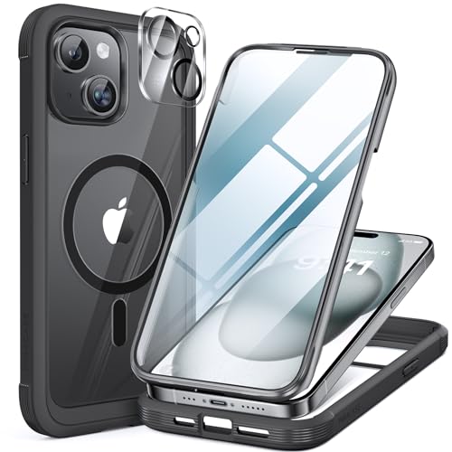 Miracase iPhone15 用 ケース MagSafe対応 9H 強化ガラス 360°保護 スマホケース iPhone15 用 カバー 全身バンパー保護ケース 6.1インチ フルカバー ワイヤレス充電対応 マグセーフ対応 マグネット搭載 黒