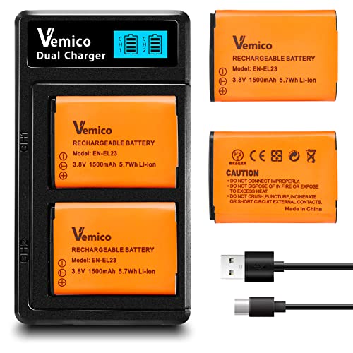 Vemico EN-EL23 Хåƥ꡼ Ŵ å 2*1500mAh EL23 ߴХåƥ꡼ LCD Type-C ®Ŵ ...