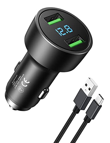 車載充電器 カーチャージャー PSE認証 4.8A 2USBポート USB Type-C ケーブル付き 電圧計 12V/24V車対応 スマホ急速充電 iPhone iPad Samsung Galaxyなと対応 (ブラック)