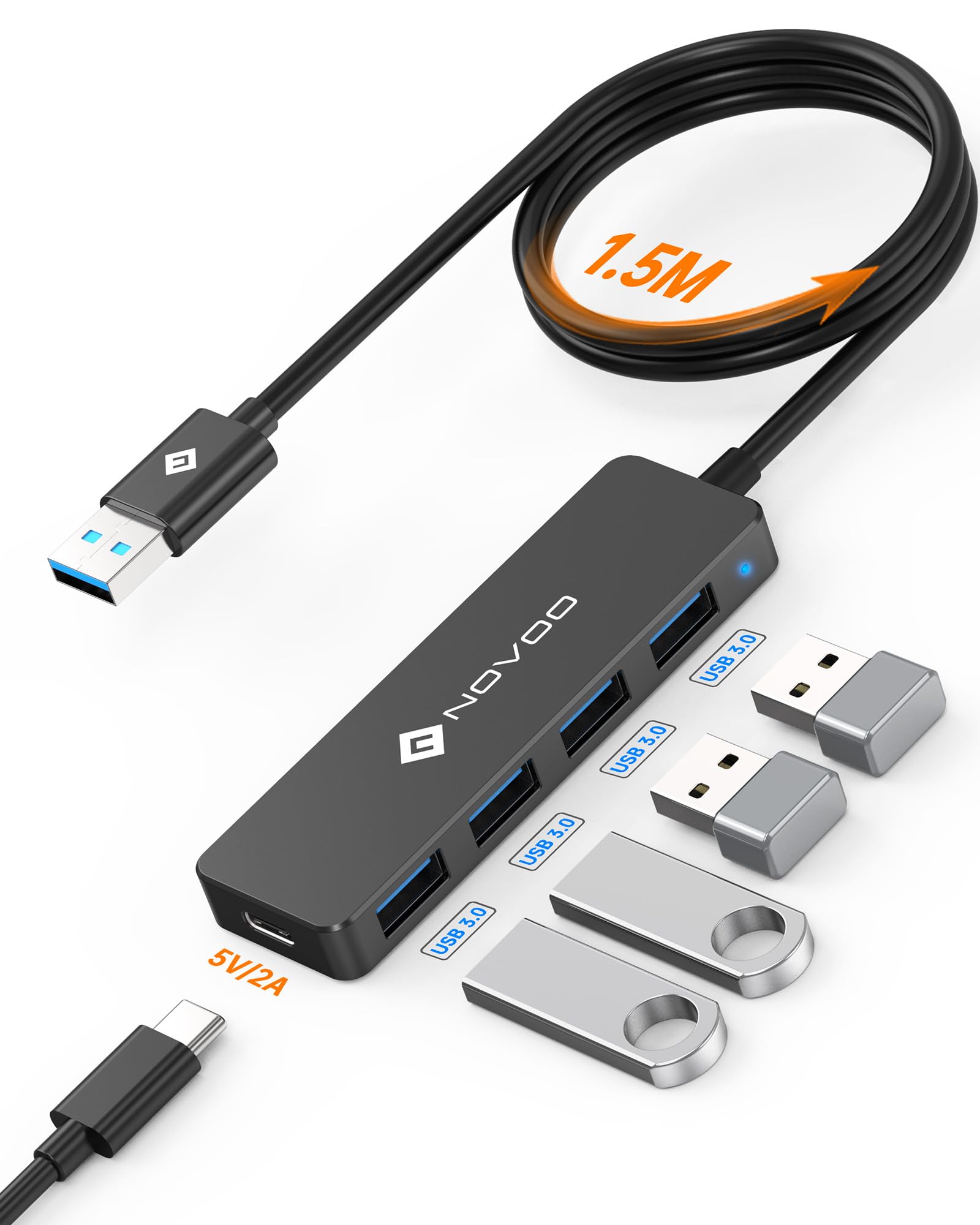 RA:NOVOO 超スリム設計 4-in-1 USB 3.0 ハブ 150cm延長ケーブル付き5V/2A 電源ポート 3.0 4高速ポート 5Gbps高速転送 USB アダプター デスクトップ PC/ラップトップ/MacBook Pro M3/Surface Pro/ノートPC/モバイル HDD/PS5/Nintendo Switch【バスパワー 超小型 軽