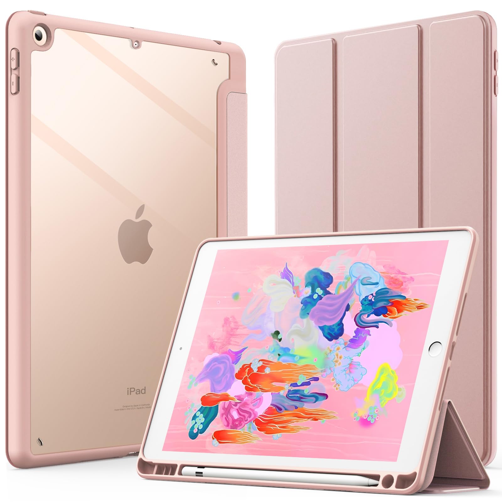 RA:JEDirect iPad 9.7インチ ケース（第6/5世代、2018/2017モデル用）Pencil収納可能透明バックカバー 薄型 スタンド 衝撃吸収 タブレットカバー オートウェイク/スリープ機能 (ローズゴールド)