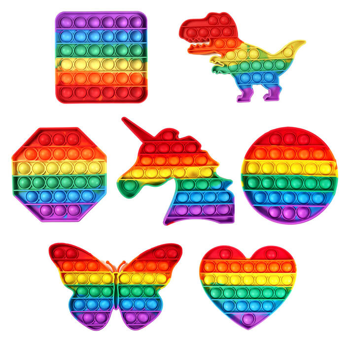 商品名 ： プッシュポップ 7種セット（丸形 八角形 四角形 ハート 恐竜 ユニコーン チョウチョ）サイズ ： 画像イメージご参照、約 12cm?15cm × 12cm?20m材質 ： シリコン【 押すだけ！ストレス解消グッズ プッシュポッ...