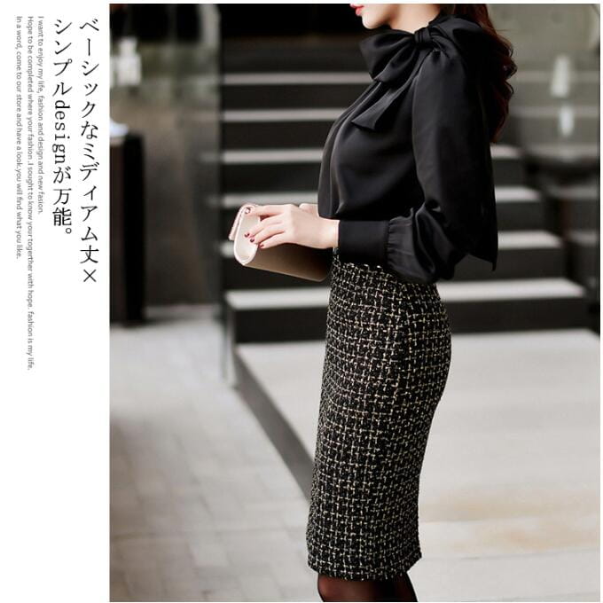 大人女性に似合うツイード素材！タイトスカート ミディアム丈 ひざ丈 ペンシルスカート スカート 秋冬 ツイード ハイウエスト バックスリット 千鳥柄 チェック柄 通勤 オフィス フォーマル 上品