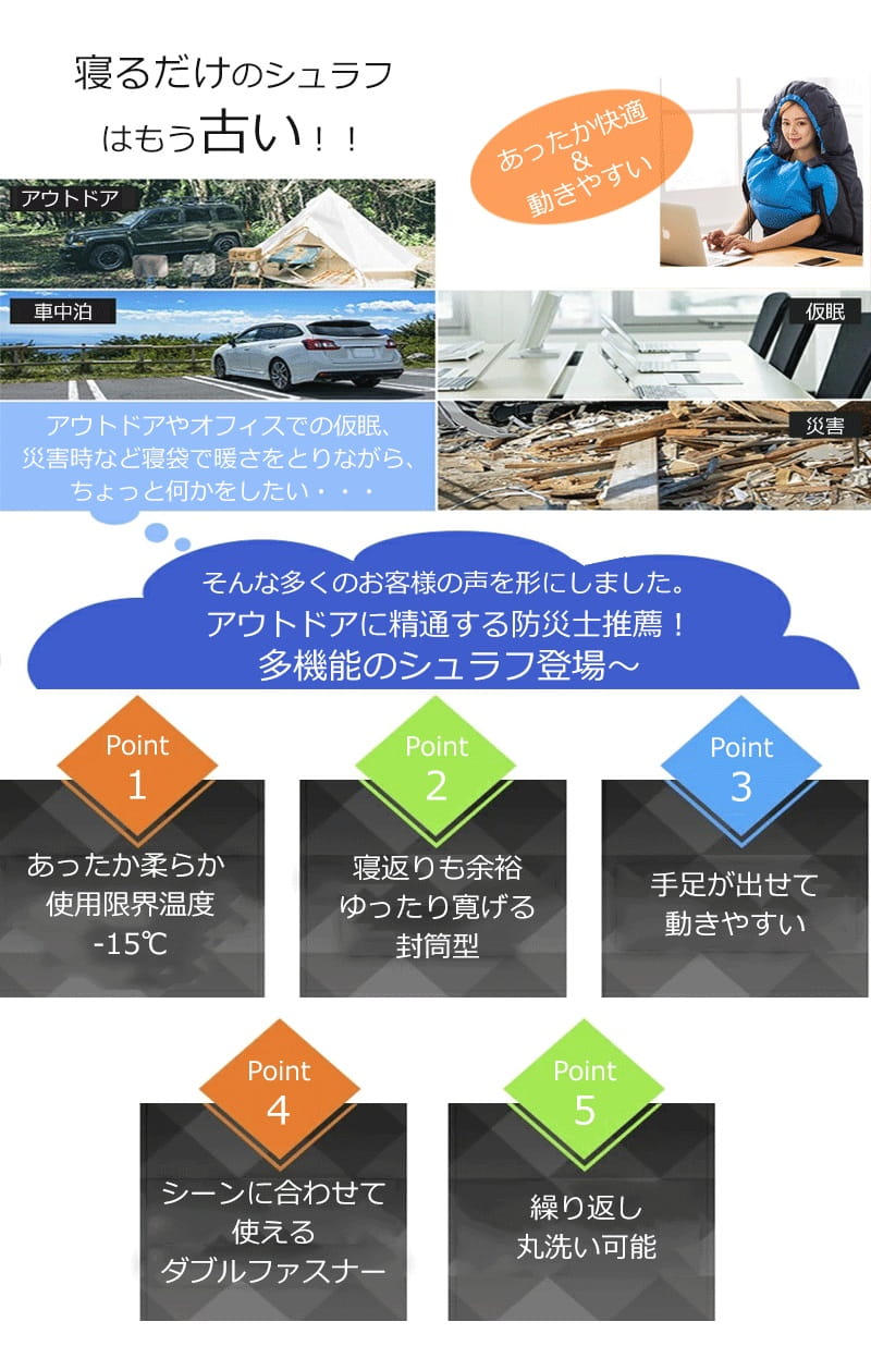 シュラフ 寝袋 手足が出せる 防災グッズ 防災用 地震対策 寝袋 丸洗い出来る 限界...