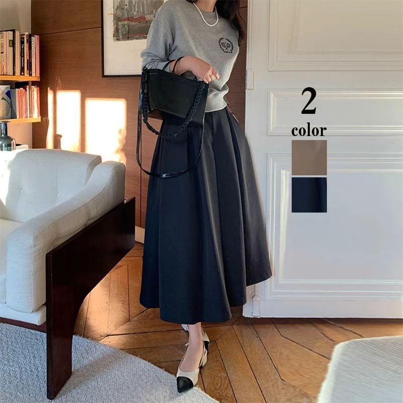 Skirts - スカート ミディアム ト ミモレ丈 フレア ロングスカート レディース ボトムス ロング丈 ミモレ丈 ひざ下 膝下 ミモレ丈スカート フレアスカート 無地 カジュアル ミモレ プリーツ 大きいサイズ 春 秋 冬 ママ 母 OL