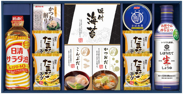 【半額 50％OFF】【のし包装無料サービス】【日清サラダ油&キッコーマン醤油＆有明産味のり＆鯖缶＆食卓バラエティセット】ギフト 出産お祝 出産内祝 結婚内祝 結婚祝 お返し お祝い 香典返し 粗供養 内祝 快気内祝のサムネイル
