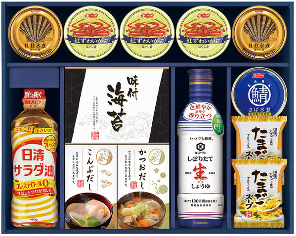 【半額 50％OFF】【のし包装無料サービス】【日清サラダ油&キッコーマン醤油＆有明産味のり＆かに・鯖缶＆食卓バラエティセット】ギフト 出産お祝 出産内祝 結婚内祝 結婚祝 お返し お祝い 香典返し 粗供養 内祝 快気内祝のサムネイル