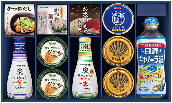 【半額 50％OFF】【のし包装無料サービス】【日清キャノーラ油＆キッコーマンしぼりたて生・塩分控えめ醤油＆鯖・ツナ缶 ギフト セット】ギフト 出産お祝 出産内祝 結婚内祝 結婚祝 お返し お祝い 香典返し 粗供養 内祝 快気内祝のサムネイル