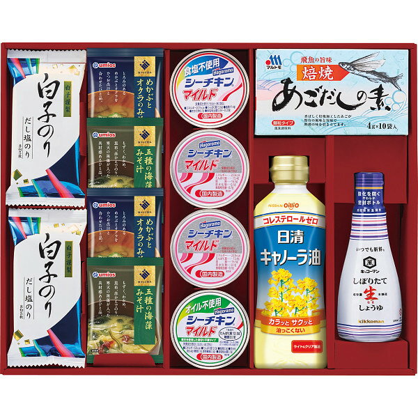 ■送料無料商品＆合計3,980円以上送料無料は、北海道・東北・沖縄は、[送料無料不可地域(遠隔地)]の為お送りできません。ご注文後にご連絡の上、キャンセルさせて頂きますので、何卒ご了承下さいませ ★御中元・残暑御見舞エコ簡易包装です。のし包装を選択ご記入頂いたら完全のし包装代を1個に付き+100円加算させて頂きます ■お客様の声から生まれた百味彩和膳。もらって嬉しいものばかりを集めた食品バラエティギフト。シーチキンをはじめ、しっかり具だくさんのお味噌汁・海からのめぐみ、キッコーマンしぼりたて生しょうゆや、日清キャノーラ油、あごだしの素など食卓で重宝するものを詰め合わせました ●名称：【百味彩和膳アマノフーズ＆キッコーマン＆日清オイル＆シーチキン＆白子のり＆フリーズドライみそ汁 和食詰合 ギフト セット】 内容：はごろもフーズオイル不使用シーチキンマイルド70g、はごろもフーズ食塩不使用シーチキンマイルド70g、はごろもフーズシーチキンマイルド70g×2、日清キャノーラ油350g、キッコーマンいつでも新鮮しぼりたて生しょうゆ200ml、海からの恵み五種の海藻みそ汁（フリーズドライ）×2、海からの恵みめかぶとオクラのみそ汁（フリーズドライ）×2、白子だし塩のり（8切5枚）×2、マルトモあごだしの素（4g×10） ●【アレルゲン：乳成分・小麦・えび】 ●加工地：日本 ●賞味期限：本体に記載 ●保存方法：常温保存 ●備考：化粧箱入りギフト ハム コーヒー スイーツ ジュース オイル オリーブオイル アマノ フリーズドライ のり 海苔 洗剤 出産お祝い 出産内祝い 出産内祝 結婚内祝い 結婚祝い 結婚内祝 お返し お祝い 香典返し 粗供養 法要 法事 志 偲び草 偲草 内祝い 快気内祝い 快気祝い快気祝 内祝 内祝い 入学 入園 引出物 誕生日 送料無料 プレゼント ポイント 産直品 父の日 母の日 名入れ ●販売者：鳥取県鳥取市青谷町青谷4041−1ようこそ屋 メーカー希望小売価格はメーカーカタログに基づいて掲載しています[●オススメ 人気 ギフト 用途 ： カタログギフト 御中元 お中元 送料無料 ポイント 宅配無料 お中元宅配無料 御中元宅配無料 お中元ギフト 御中元ギフト 早割 内祝 内祝い お返し 結婚 出産 香典 快気 結婚内祝い 金婚式 出産内祝い 出産内祝 出産内祝い名入れ 命名内祝い 香典返し 志 法要 誕生日 結婚引出物 結婚祝い 出産祝い 初節句 七五三 快気祝い 全快祝い 新築内祝い 長寿祝い 内祝い ご挨拶 ゴルフコンペ コンペ 記念品 賞品 粗品 快気祝 退院祝い　御見舞御礼 快気祝いのお返し 出産祝いお返し 新築祝い 引っ越し挨拶 病気見舞い 品物 お見舞いのお返し お見舞い ギフト お見舞い返し ご祝儀 入学 入園 入進学 卒園 卒業 お返し 粗供養 忌明け 四十九日 満中陰志 偲び草 偲草 初盆 のし無料 ラッピング無料 メッセージカード無料]