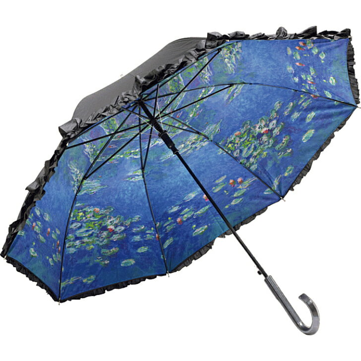 モネ【睡蓮II】傘 雨傘 晴雨兼用 レディース UVカット99％以上 長傘 ジャンプ傘 雨具 名画フリルジャンプ傘 人気 絵画 アート プレゼント レイングッズ エレガント【あす楽対応】月間優良ショップ セール クーポン有のサムネイル