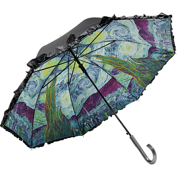 【2本で20%OFFクーポン】傘 レディース 晴雨兼用 ゴッホ【星月夜】 雨傘 UVカット99%以上 長傘 ジャンプ傘 雨具 名画フリルジャンプ傘 人気 絵画 アート プレゼント レイングッズ エレガント 内側 柄 おしゃれ かわいい 通販 人気 レディース プレゼント グッズ ユウランプ