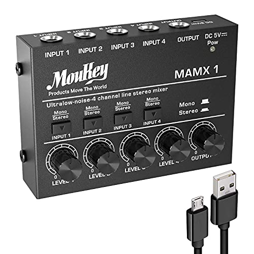 Moukey オーディオミキサー 4チャンネル usb DC 5V超低ノイズ サブミキシング用 ラインミキサー 小型ミニオーディオミキサー クラ