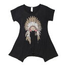 #411008リバティ(LIBERTY)チュニック半袖Tシャツ INDIAN CHIEF ロングTシャツ レディース ウエスタン ストレッチ 伸縮素材 ダンス 衣装 キラキラ スタッズ プリント 黒 ブラック S M L XL 7966 BLACK  