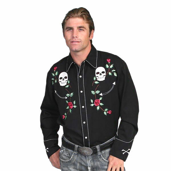 #912048スカリー Scully スカル＆ローズ刺繍入りウエスタンシャツ - MEN S D SLEEVE SKULL ROSES EMBROIDERY SHIRT 長袖シャツ ステージ衣装 ロカビリー フラワー 花 バラ 薔薇 大きいサイズ …