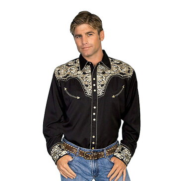 #912008スカリー(Scully)フローラル刺繍入りウエスタンシャツ - MEN'S FLORAL TOOLED EMBROIDERY SHIRT ステージ衣装 ロカビリー カントリー フラワー 花 バラ 薔薇 大きいサイズ 黒 ブラック ゴールド S M L XL P 634 GLD 【RCP】