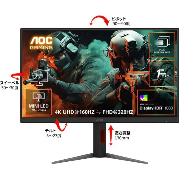 �ڥݥ����10�ܡ� AOC PC��˥������վ��ǥ����ץ쥤 U27G4XM/11 [27����� Black&Red] [��˥���������27��(�����) ������ (����)��4K (3840x2160) �ѥͥ���ࡧIPS�ѥͥ� ��ե�å���졼��(��ľ�������ȿ�)��320Hz ����ü�ҡ�HDMI2.1x2/DisplayPort1.4x1] ��P10�ܡ�