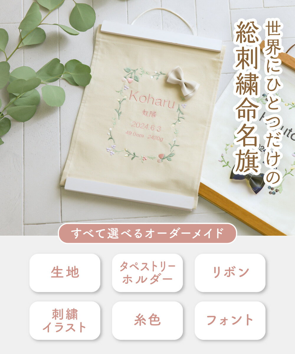 名前旗 名入れ旗 命名書 女の子 男の子 オーダーメイド 節句祝い 出産祝い お食い初め 百日祝い ひな祭り 誕生日 七五三 選べる リボン付き タペストリーホルダー付き 総刺繍 命名旗【Premier】プルミエ regalo