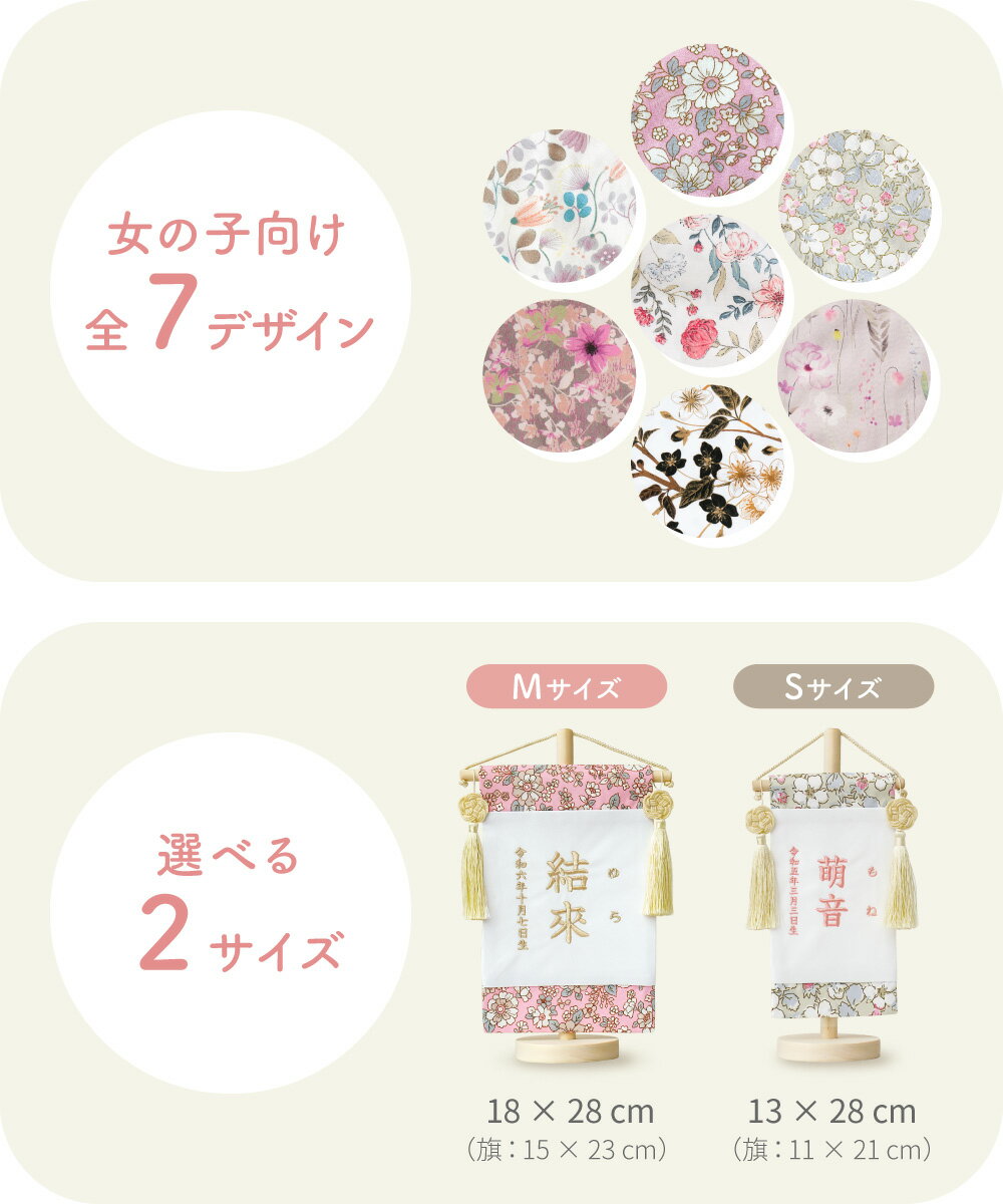 名前旗 女の子 刺繍 名入れ旗 命名旗 ふりがな 出産祝い 初節句 ひな祭りお正月飾り 百日祝い 誕生日 七五三 ひな人形 選べる サイズ S M ベビー袴 2ピースとお揃い 同柄 可愛い 花柄 花彩 はないろ regalo