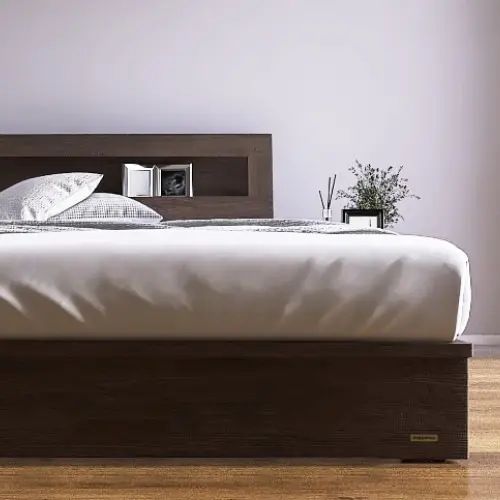 Rakuten - [ベッド クイーン] フランスベッド 幅172cm 収納付き 照明付き すのこ マットレス付き 棚付き コンセント付き 引き出し付き 防ダニ 抗菌 防臭 日本国産 ウォルナット柄 モダン 高級感 フランスベッド 低ホルムアルデヒド ダークブラウン 幅120cm 長さ206cm